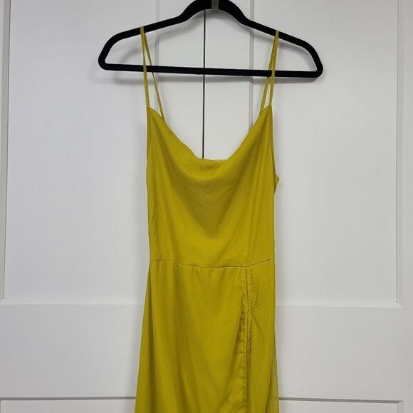 Pretty little things chartreuse mesh strappy cowl neck ruched skirt midi dress - Picture 9 of 12